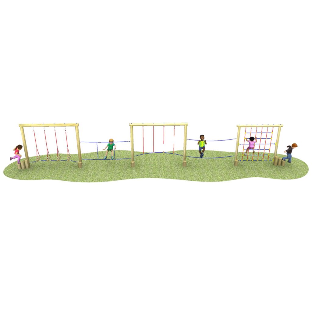 Five children play on a playground assault course with rope swings, balance beams, and climbing nets on a grassy surface.