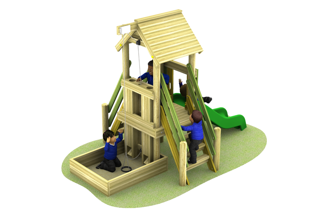 Sand wooden play tower with sandpit, stairs, pulley to sandpit and a green slide. 4 children using the sand play tower