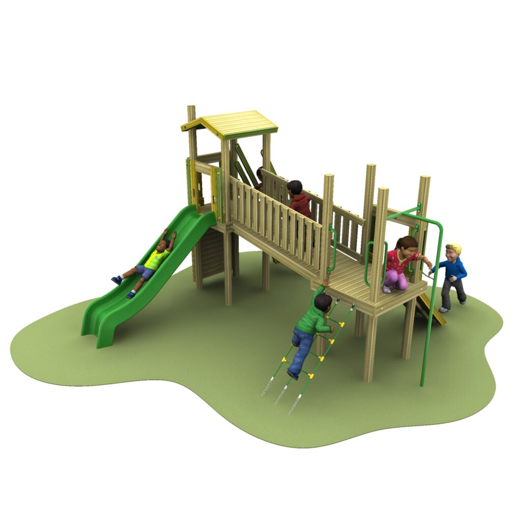 A playground structure with a slide, ramp, climbing bars, and four children playing on and around it.