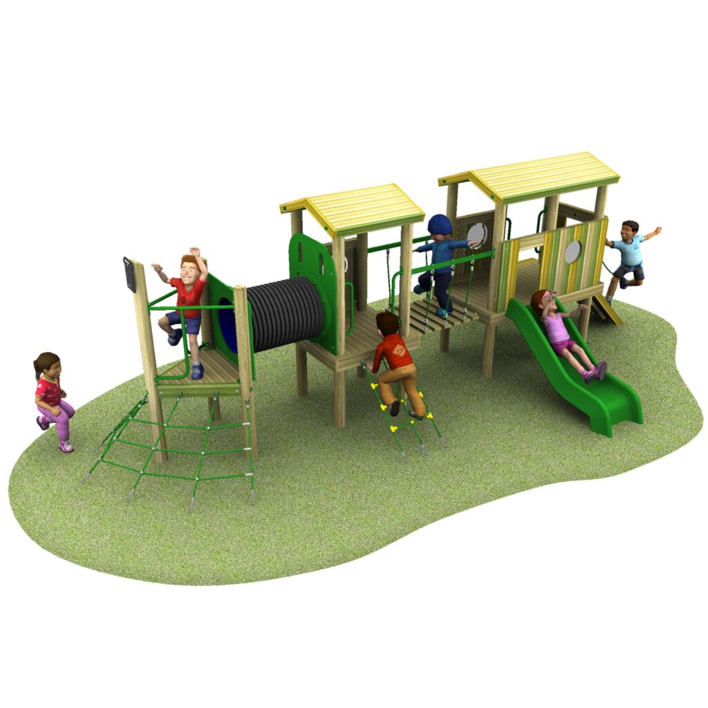 Children play on a playground structure with slides, climbing nets, a tunnel, and ladders on a grassy area.