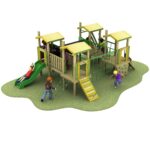 Children are playing on a multi-level wooden playground structure with slides, ladders, and climbing nets on a grassy surface.