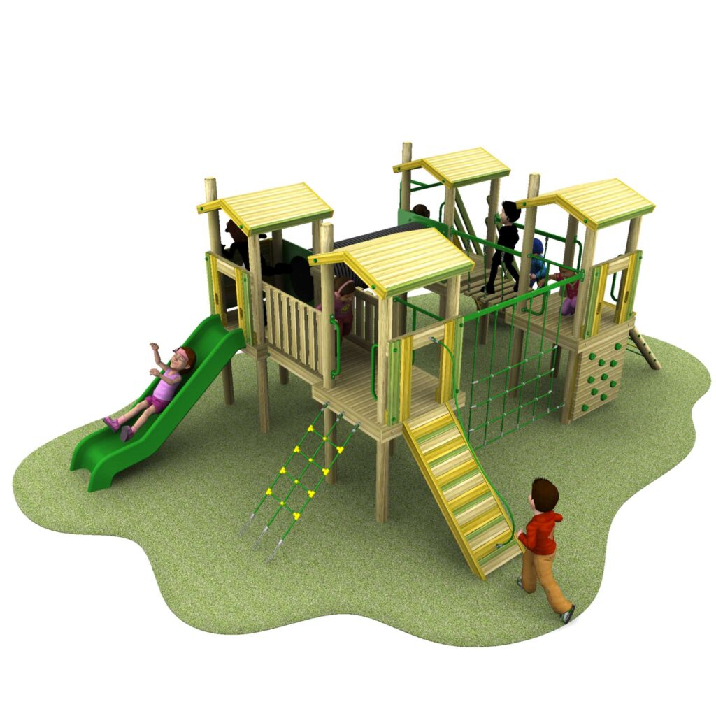 A wooden playground structure with slides, climbing nets, and platforms; several children are playing on and around it.