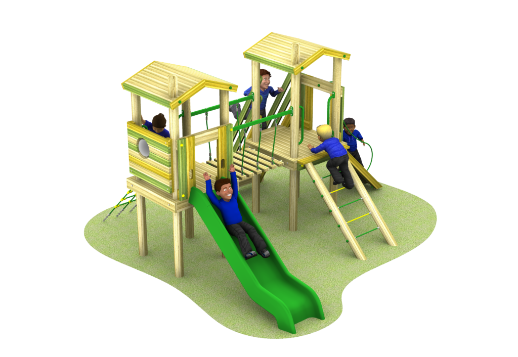 1200mm high climbing frame with green poly slide, climbing ladder and scramble climbing ropes.