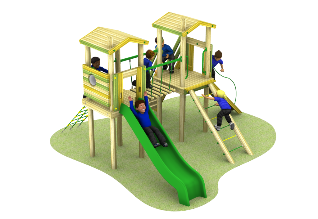 Climbing tower with green polyslide and a child sliding down. Climbing ropes and rope ladder.