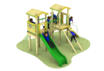 Climbing tower with green polyslide and a child sliding down. Climbing ropes and rope ladder.