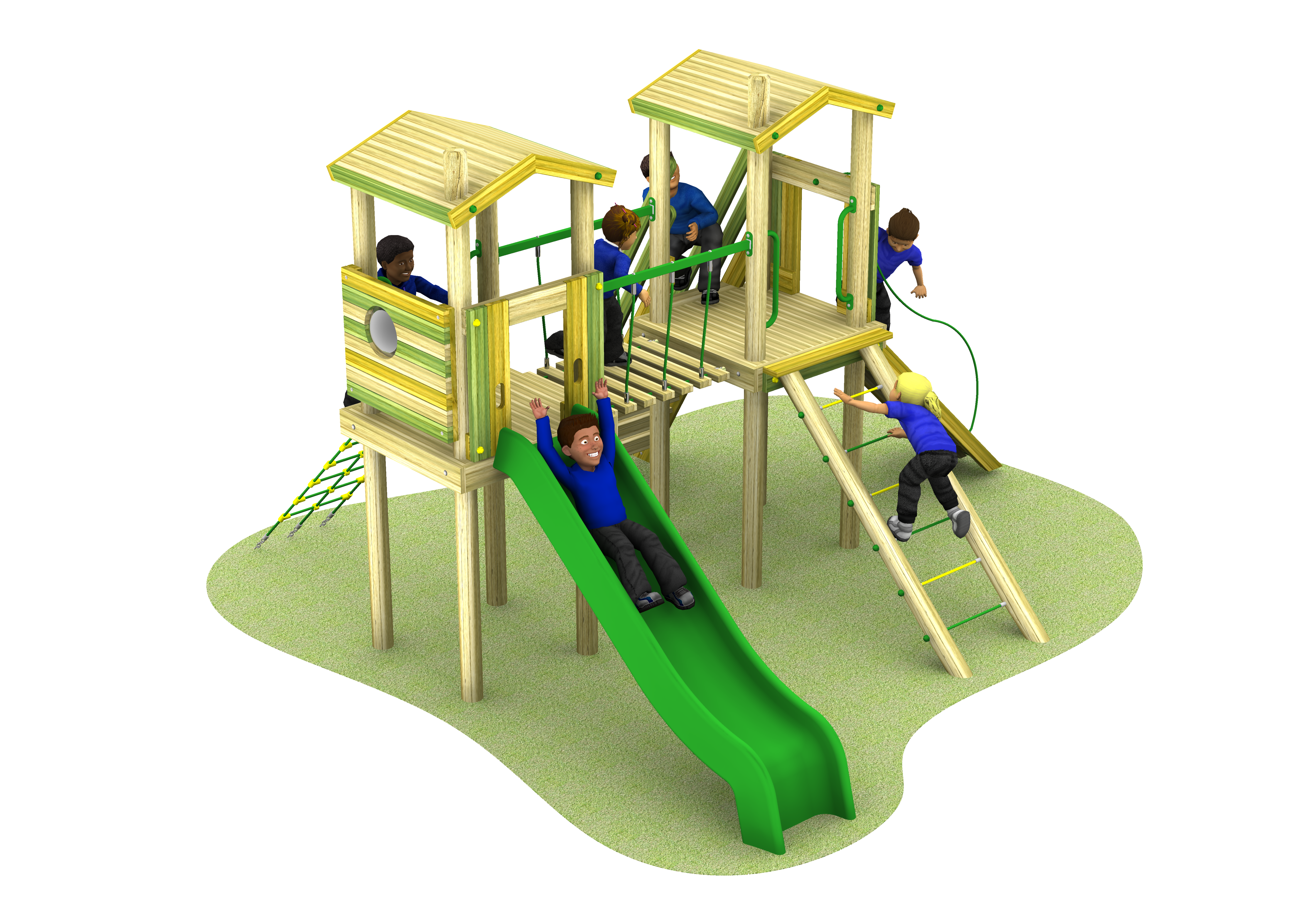 Climbing tower with green polyslide and a child sliding down. Climbing ropes and rope ladder.
