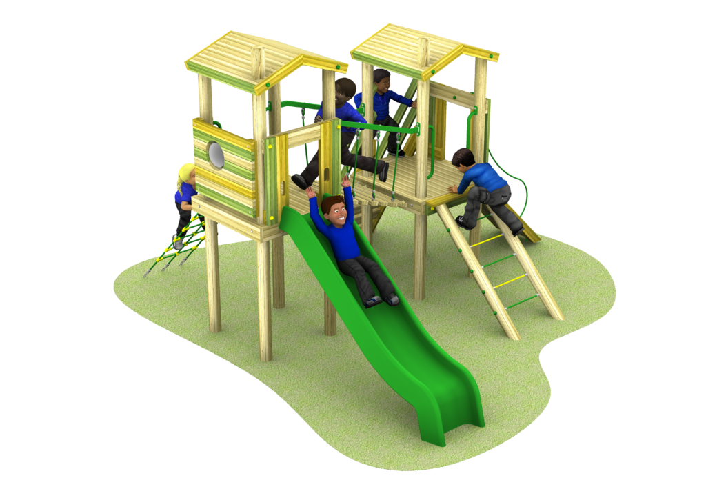 1500mm high play tower with poly slide, climbing ropes, bridge and rope ladder.