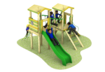 1500mm high play tower with poly slide, climbing ropes, bridge and rope ladder.