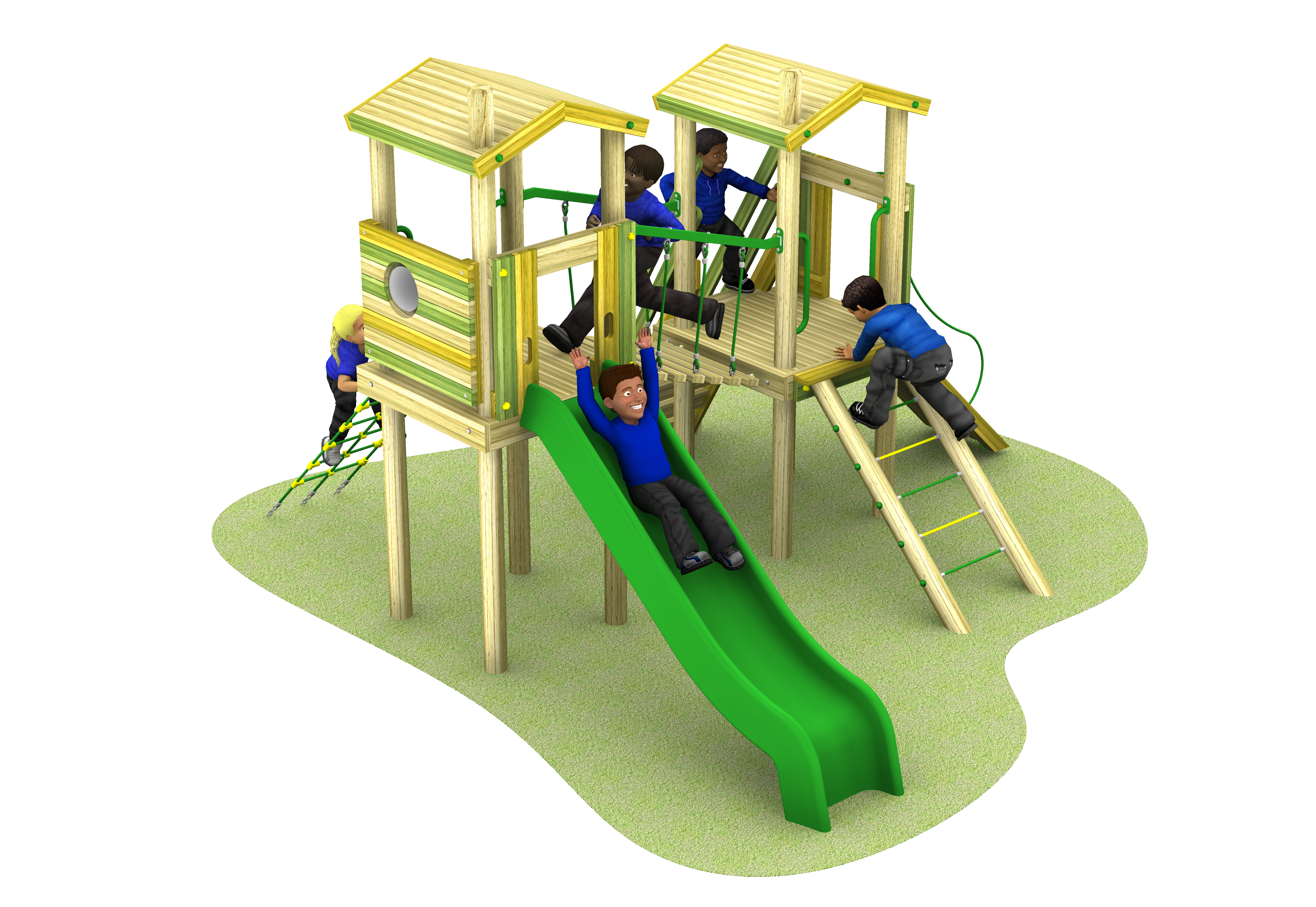 1500mm high play tower with poly slide, climbing ropes, bridge and rope ladder.