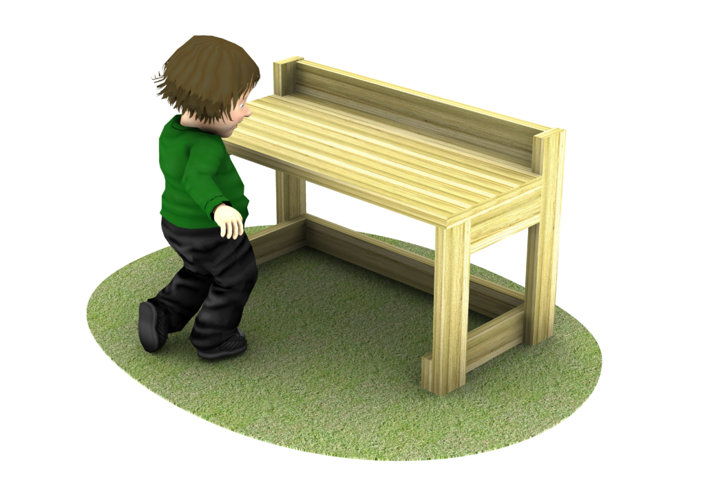 Wooden work station with a child in a green top using