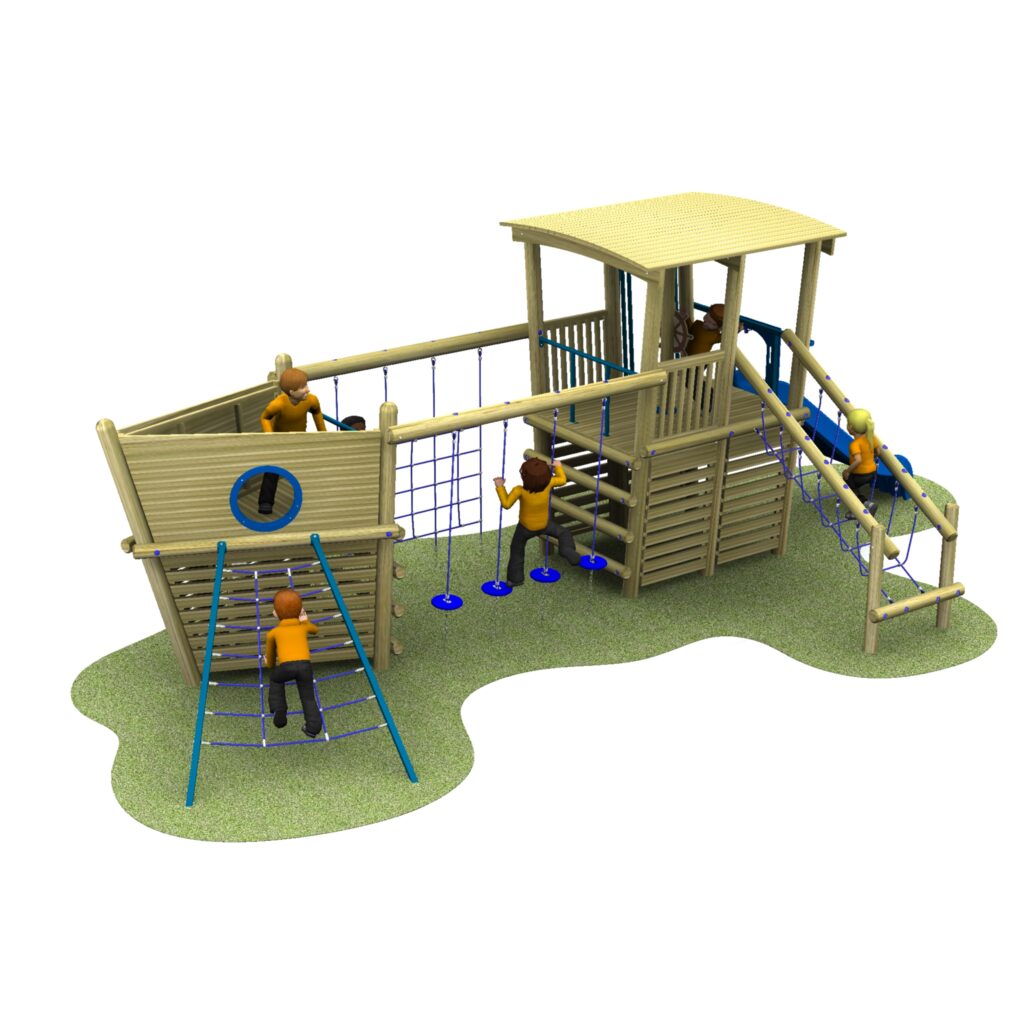 Children play on a ship-themed playground structure with climbing nets, ropes, and ladders on a grassy area.