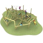 Children play on a large wooden climbing frame with ropes and ladders, set on a patch of green ground.
