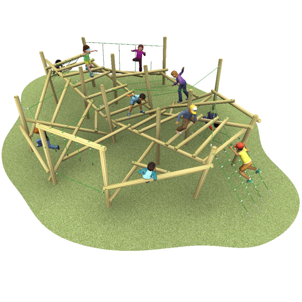 Children play on a large wooden climbing frame with ropes and ladders, set on a patch of green ground.