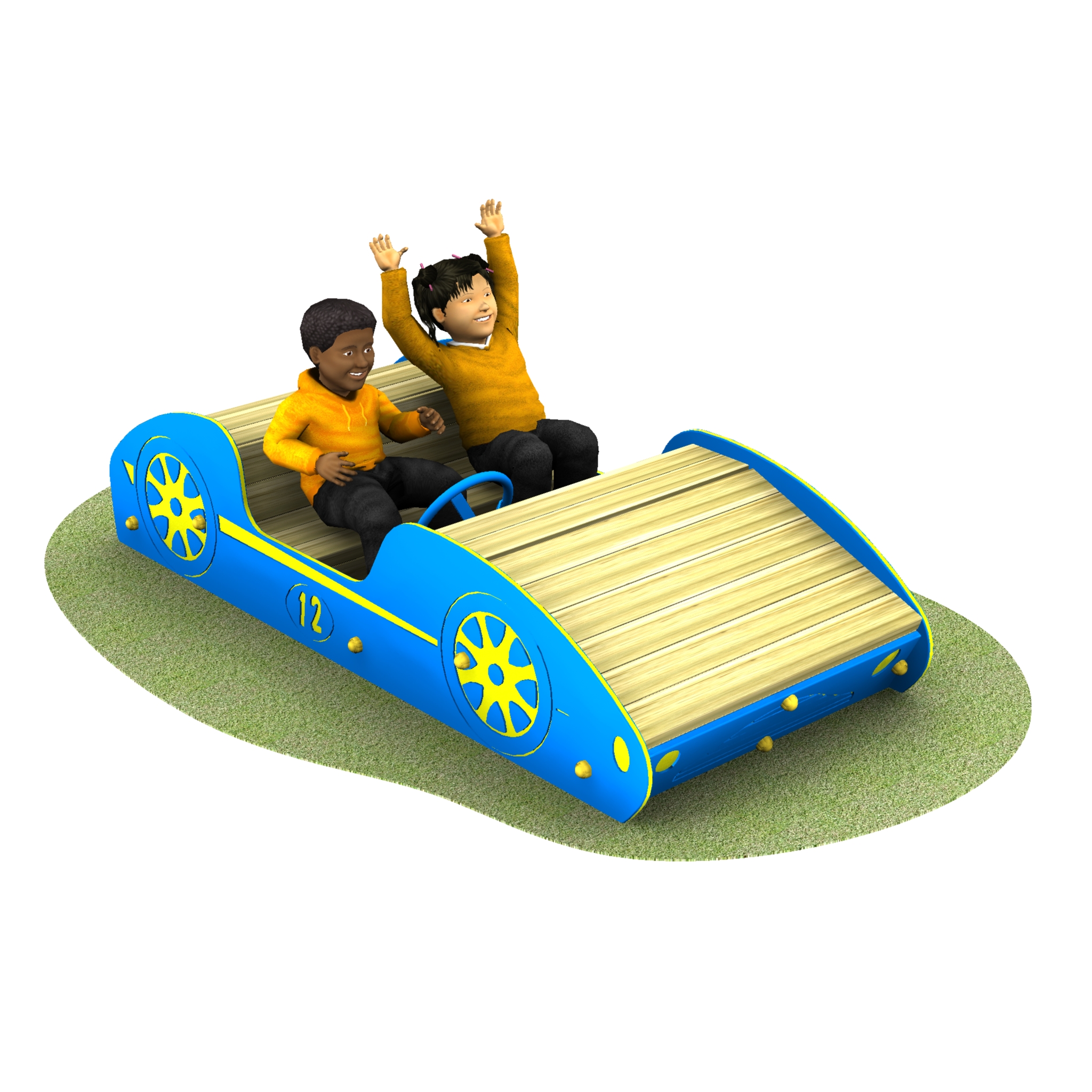 Two children in yellow jumpers sit in a blue and yellow playground car, one steering and the other raising their hands, on a patch of artificial grass.