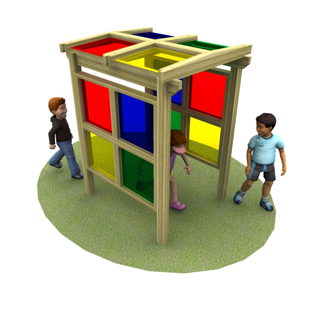 Three children interact around a wooden Rainbow Arch play structure with red, blue, yellow, and green translucent panels, positioned on a circular patch of grass.
