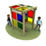 Three children interact around a wooden Rainbow Arch play structure with red, blue, yellow, and green translucent panels, positioned on a circular patch of grass.