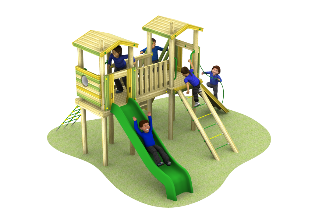 Five children play on the Young Explorer - Raleigh 1500mm wooden playground structure, enjoying its slides, ladders, and platforms set on a grassy surface.