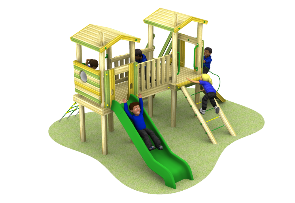 Four children play on a Young Explorer – Raleigh 1200mm wooden playground structure with two towers, a green slide, climbing ladder, and bridge, all set on grass.