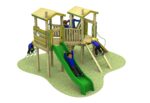 Children playing on the Young Explorer – Raleigh 1200-1500mm wooden play structure with two towers, a green slide, ladders, and climbing nets on a patch of grass.