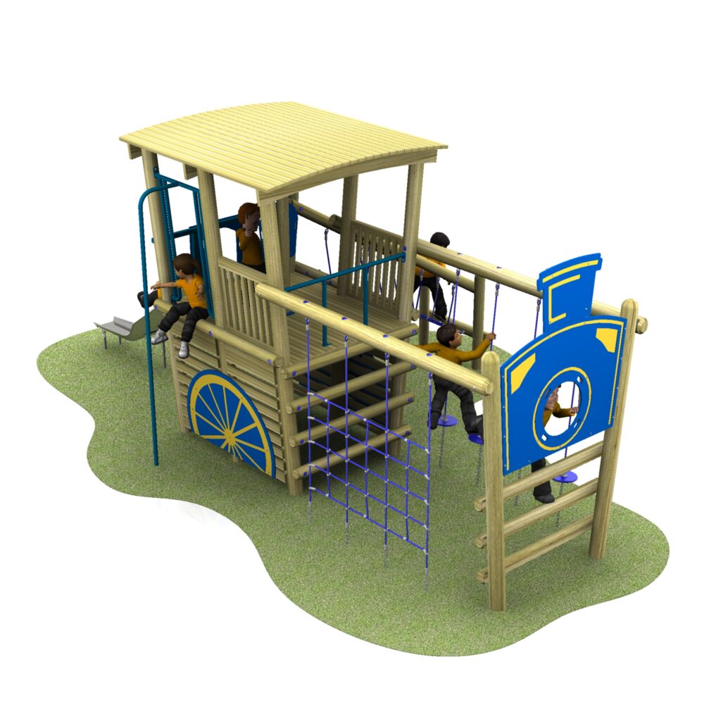 Children playing on a wooden playground structure shaped like a train, featuring climbing nets, steps, and a slide, set on a grassy surface.