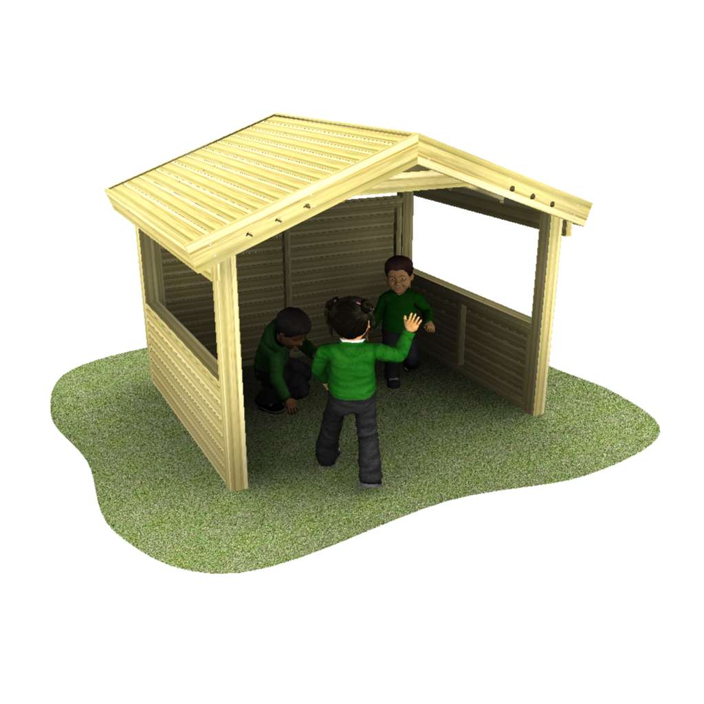 Three children in green tops are interacting inside a small wooden shelter with a slanted roof, situated on a patch of grass.