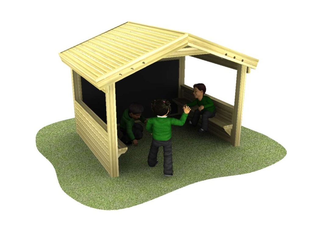 role play house with a chalkboard and benches, Children using the area