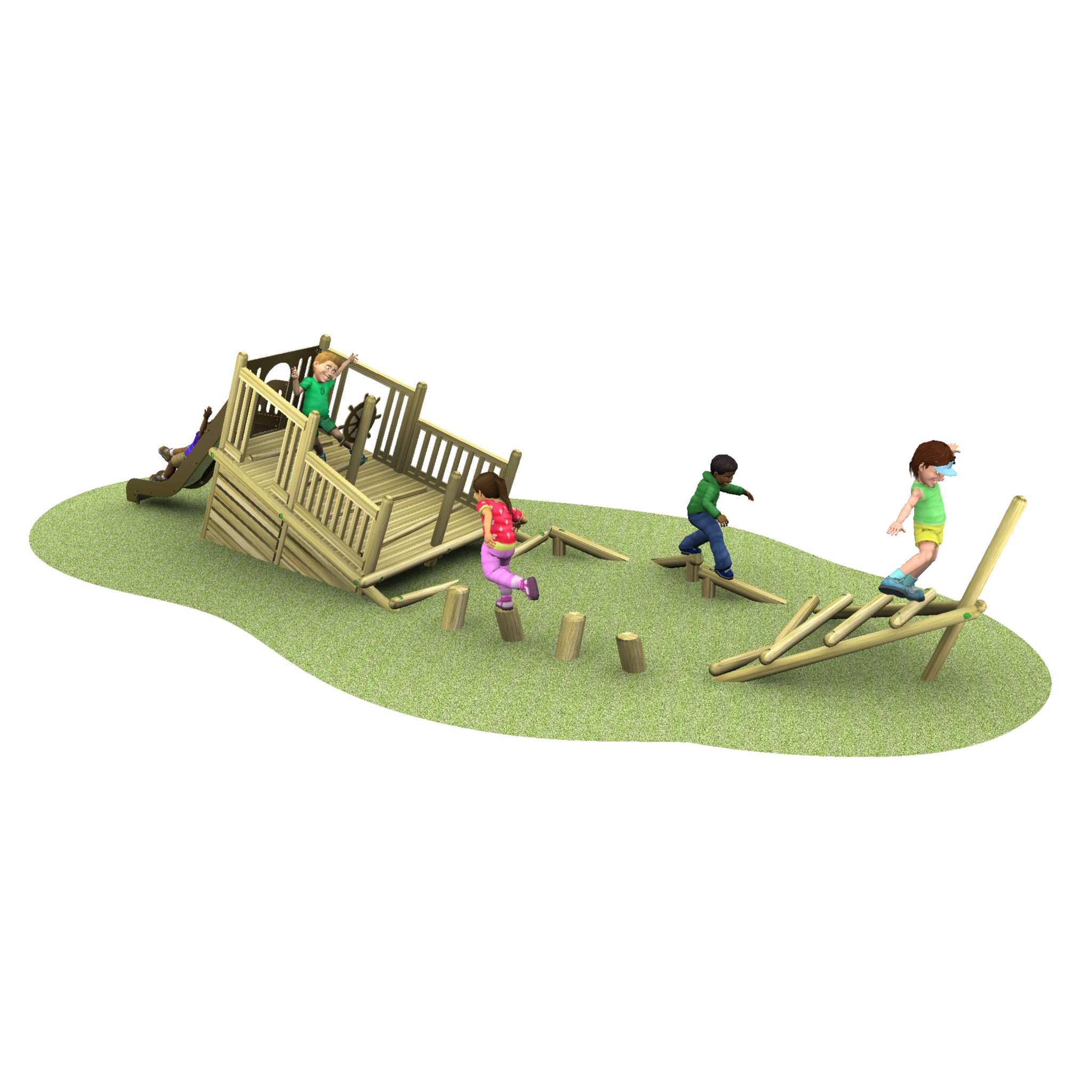 Four children play on a wooden playground structure with steps, platforms, and balancing logs on a patch of green ground.