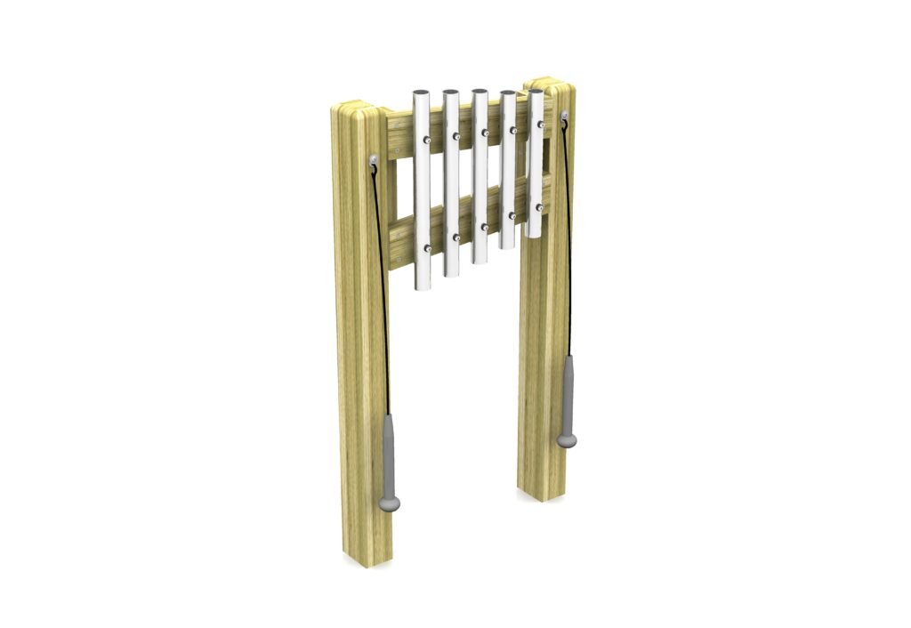 A wooden frame with vertical metal chimes and two attached beaters hanging on cords, designed for playing music or creating sound.