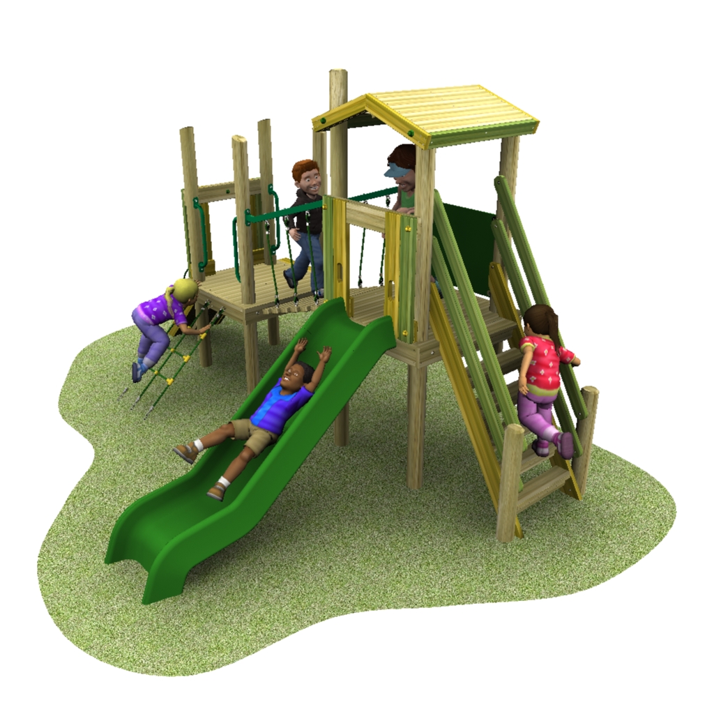 Five children play on a wooden playground structure with a slide, climbing wall, bridge, and stairs, set on a patch of green ground.