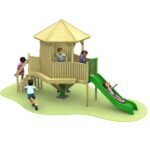 Five children play on a Takamaka 1200mm with Poly Slide, featuring a wooden structure, green slide, and small covered tower, set on a patch of grass.