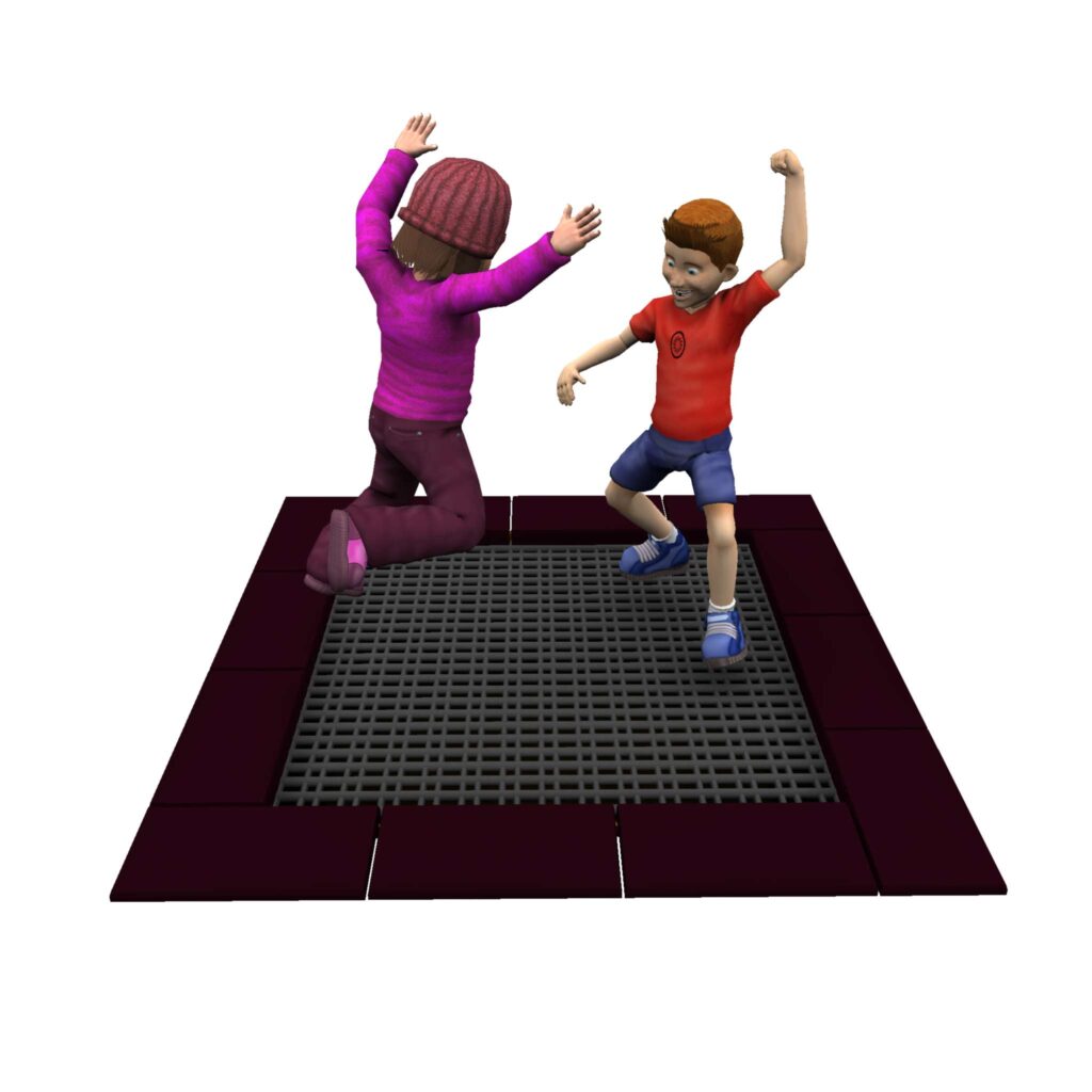 Two animated children, one in a pink outfit and one in red and blue, are playing and jumping on a square trampoline with a white background.