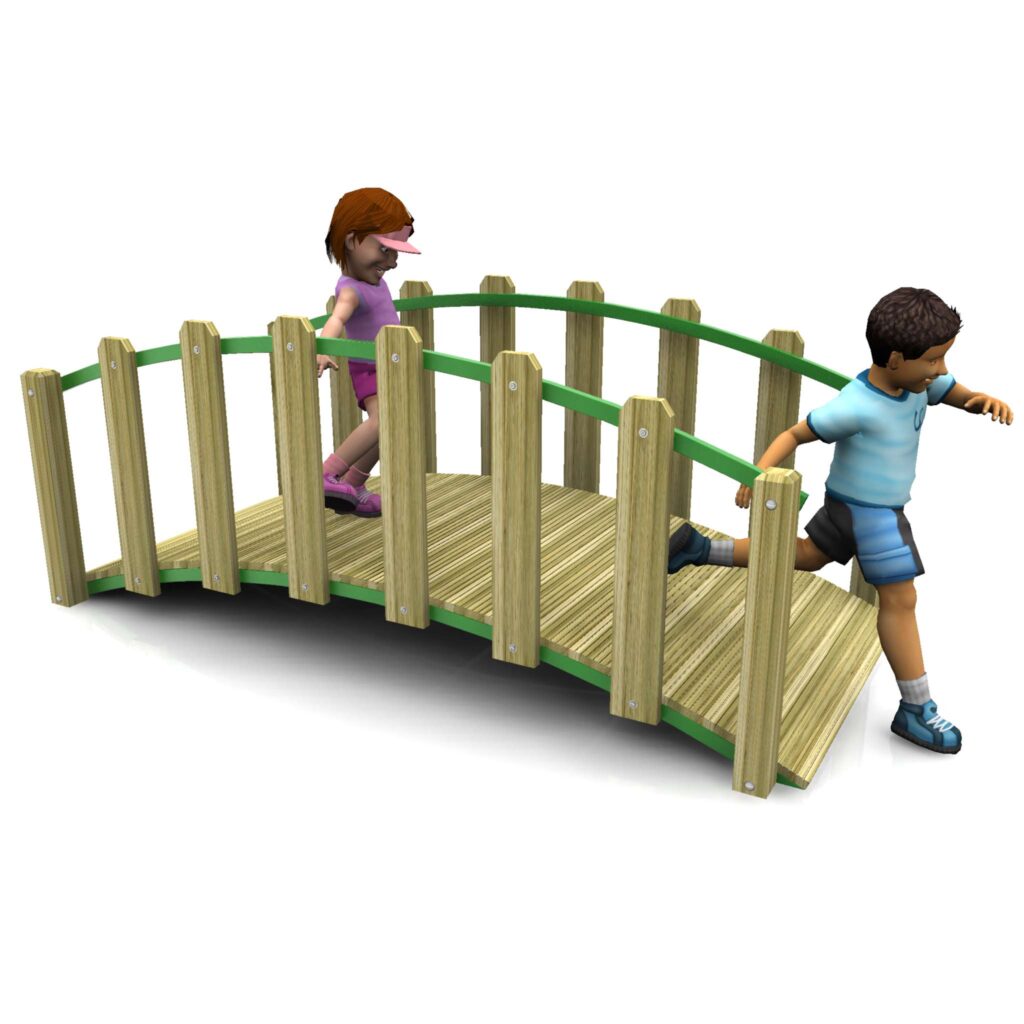 Two children, one boy and one girl, running across a small wooden bridge with green handrails.
