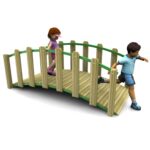 Two children, one boy and one girl, running across a small wooden bridge with green handrails.
