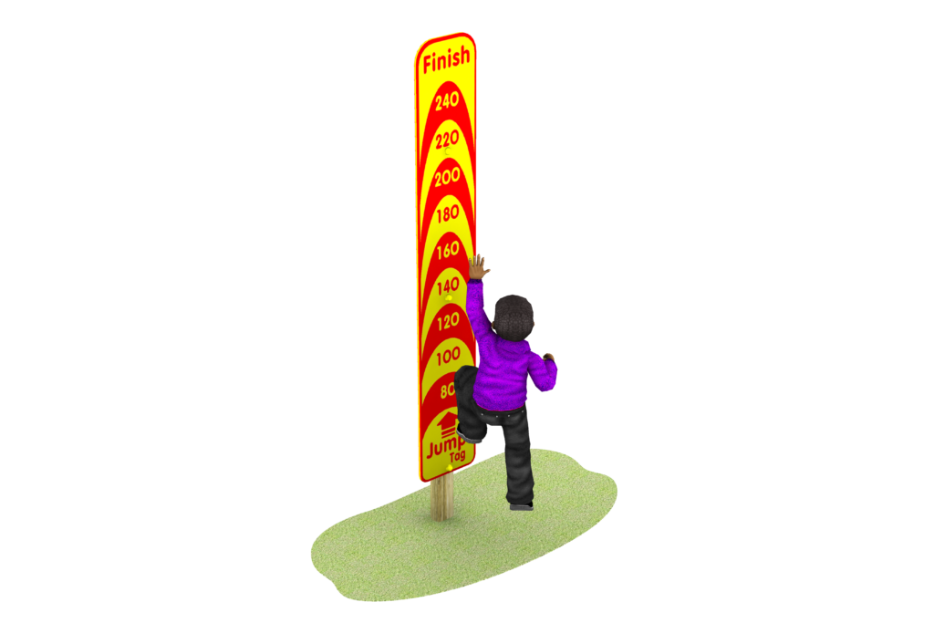 A child in a purple jacket jumps to reach a height marker on a colourful outdoor sign labelled with measurements and the word Finish at the top.