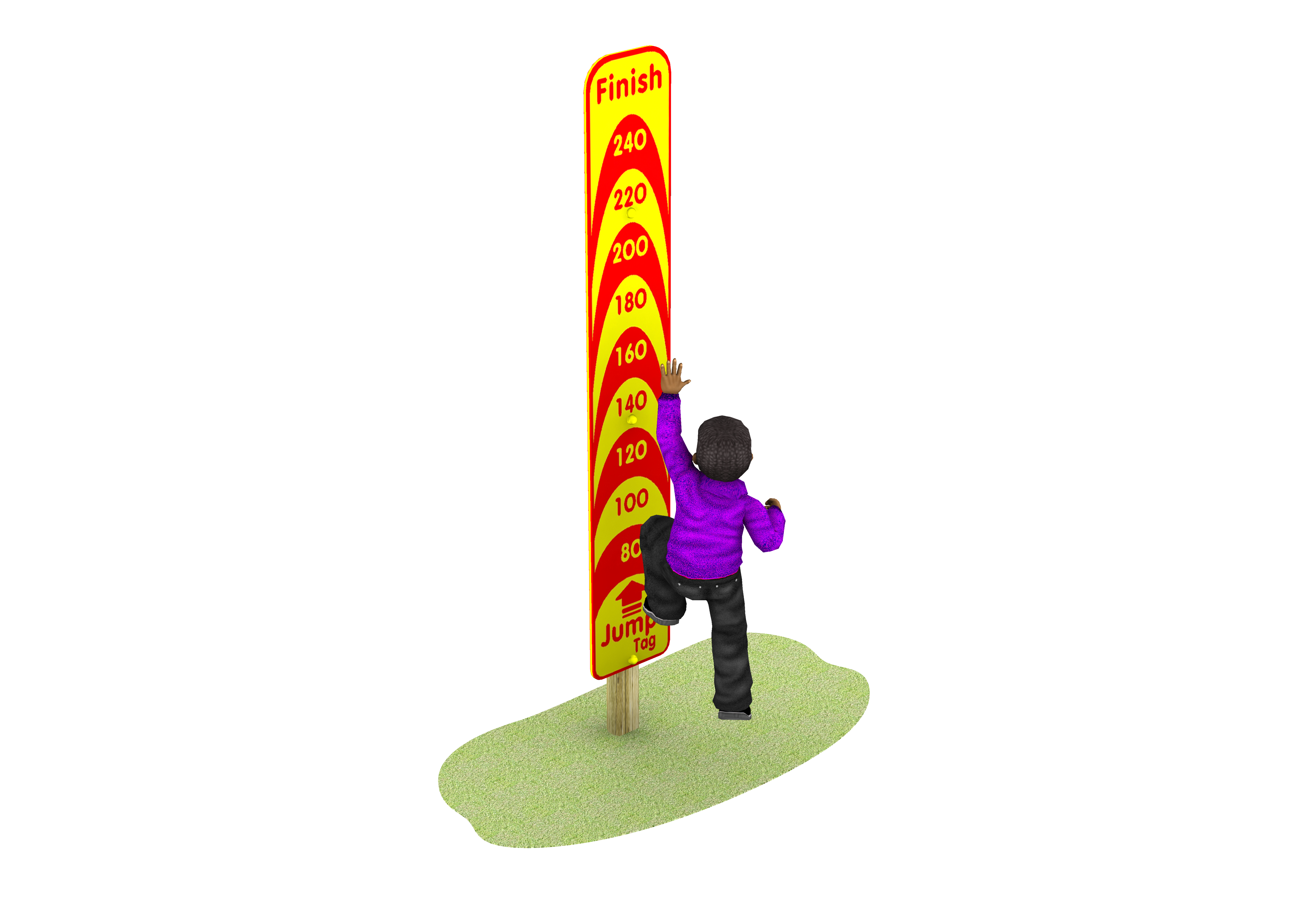 A child in a purple jacket jumps to reach a height marker on a colourful outdoor sign labelled with measurements and the word Finish at the top.