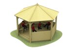 Four children in red shirts sit and relax inside a hexagonal wooden gazebo with a pitched roof, set on a grassy patch.