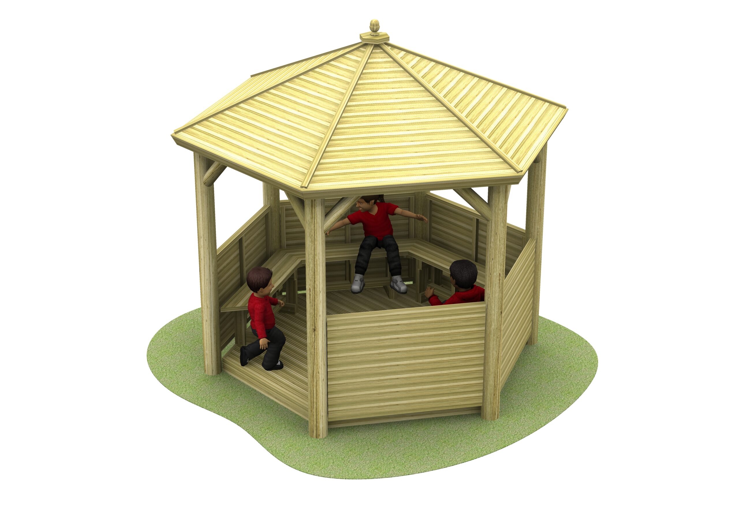 Three children wearing red shirts play inside a hexagonal wooden gazebo with a pitched roof, situated on a small patch of green grass.