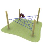 A child climbs on a blue rope web structure supported by four wooden poles on a grassy surface.
