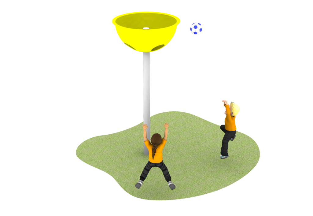 2 children in yellow tops throwing a ball at the semi slingshot