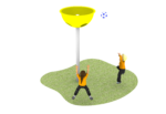 2 children in yellow tops throwing a ball at the semi slingshot