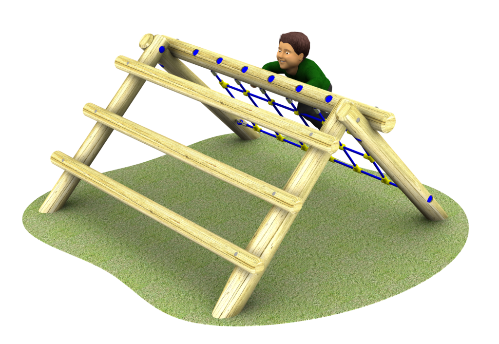 A child climbs a Scramble Net Log Climber (1m High), making their way over rope nets and wooden beams on a patch of grass.