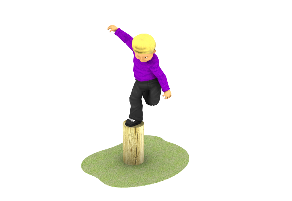 A child with blonde hair in a purple shirt and black trousers balances on one foot atop a wooden stump surrounded by grass.