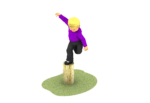 A child with blonde hair in a purple shirt and black trousers balances on one foot atop a wooden stump surrounded by grass.