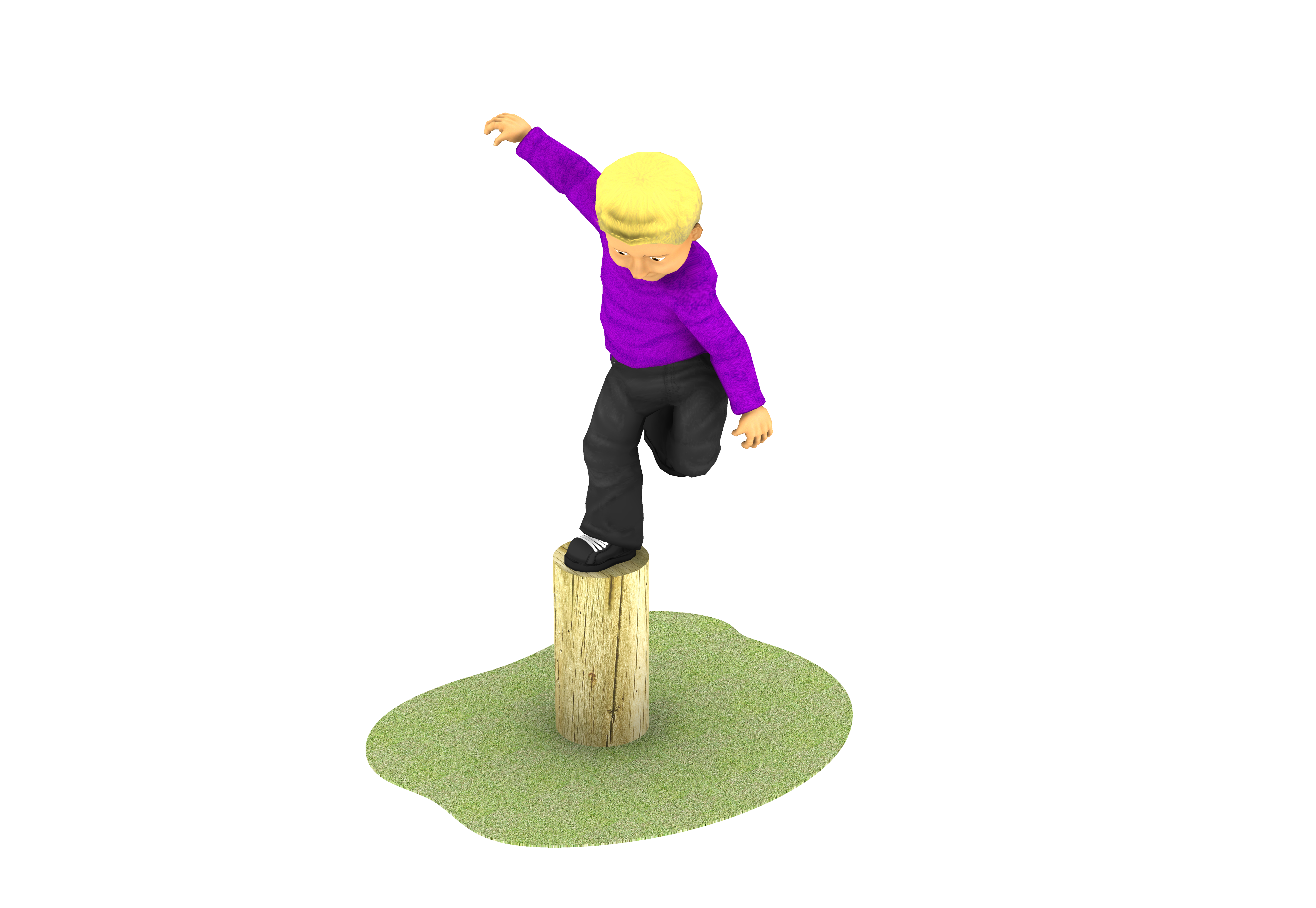 A child with blonde hair in a purple shirt and black trousers balances on one foot atop a wooden stump surrounded by grass.