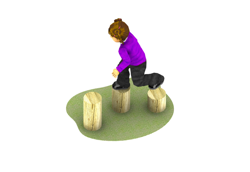 3 wooden step logs at varying heights onto grass with a child jumping across