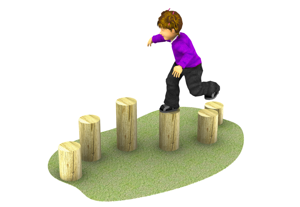6 wooden step logs at varying heights on grass with a child jumping across