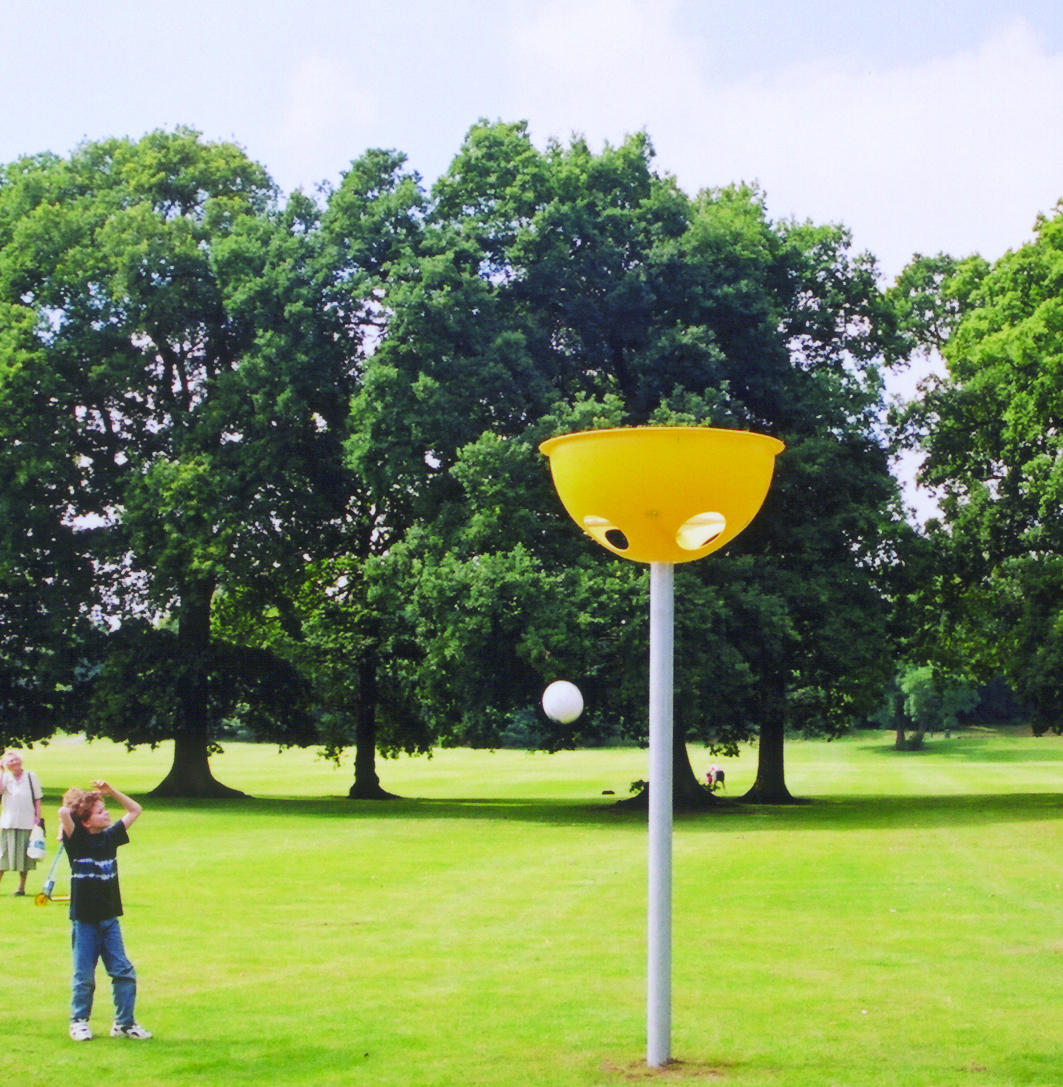 A child throws a white ball towards a yellow korfball goalpost on a grassy field with trees in the background.