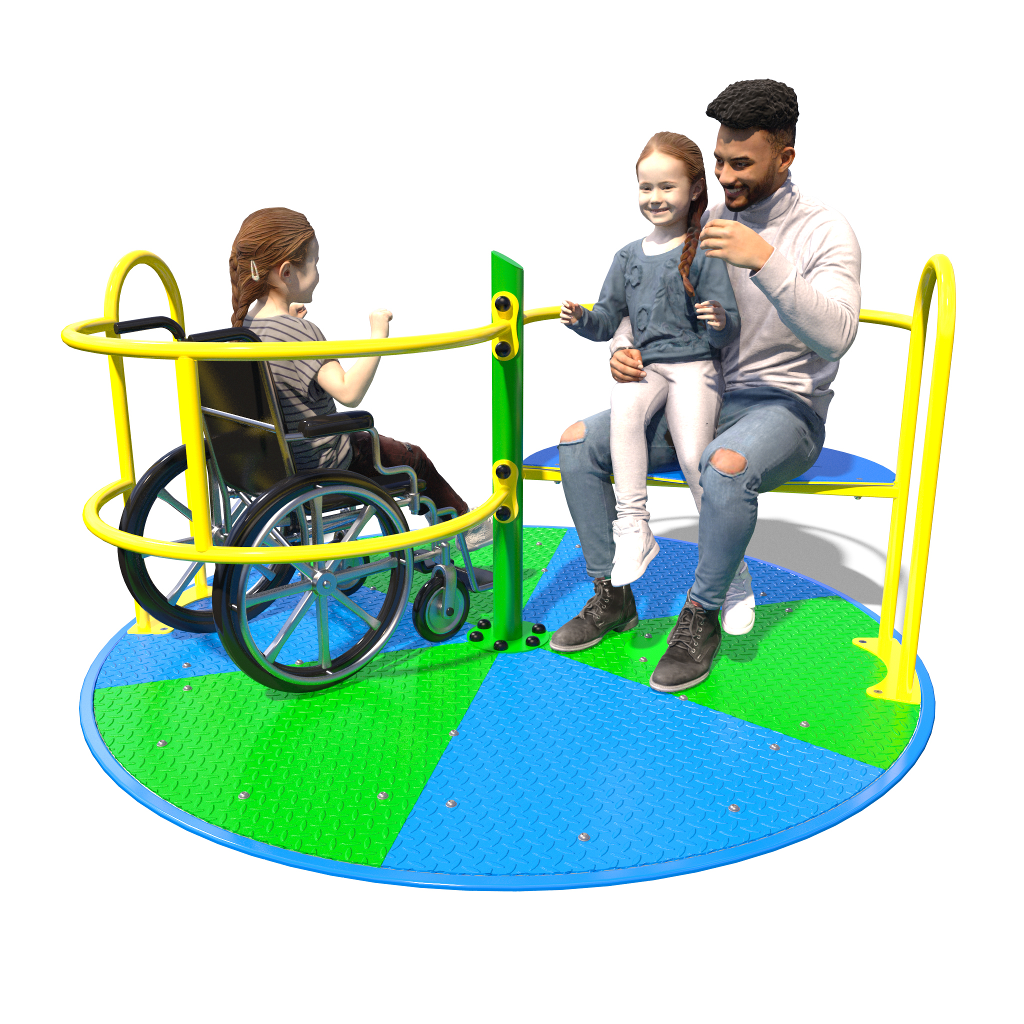 Three people, including a child in a wheelchair, a man, and a young girl, sit together on an accessible roundabout playground equipment with yellow railings and a colourful platform.