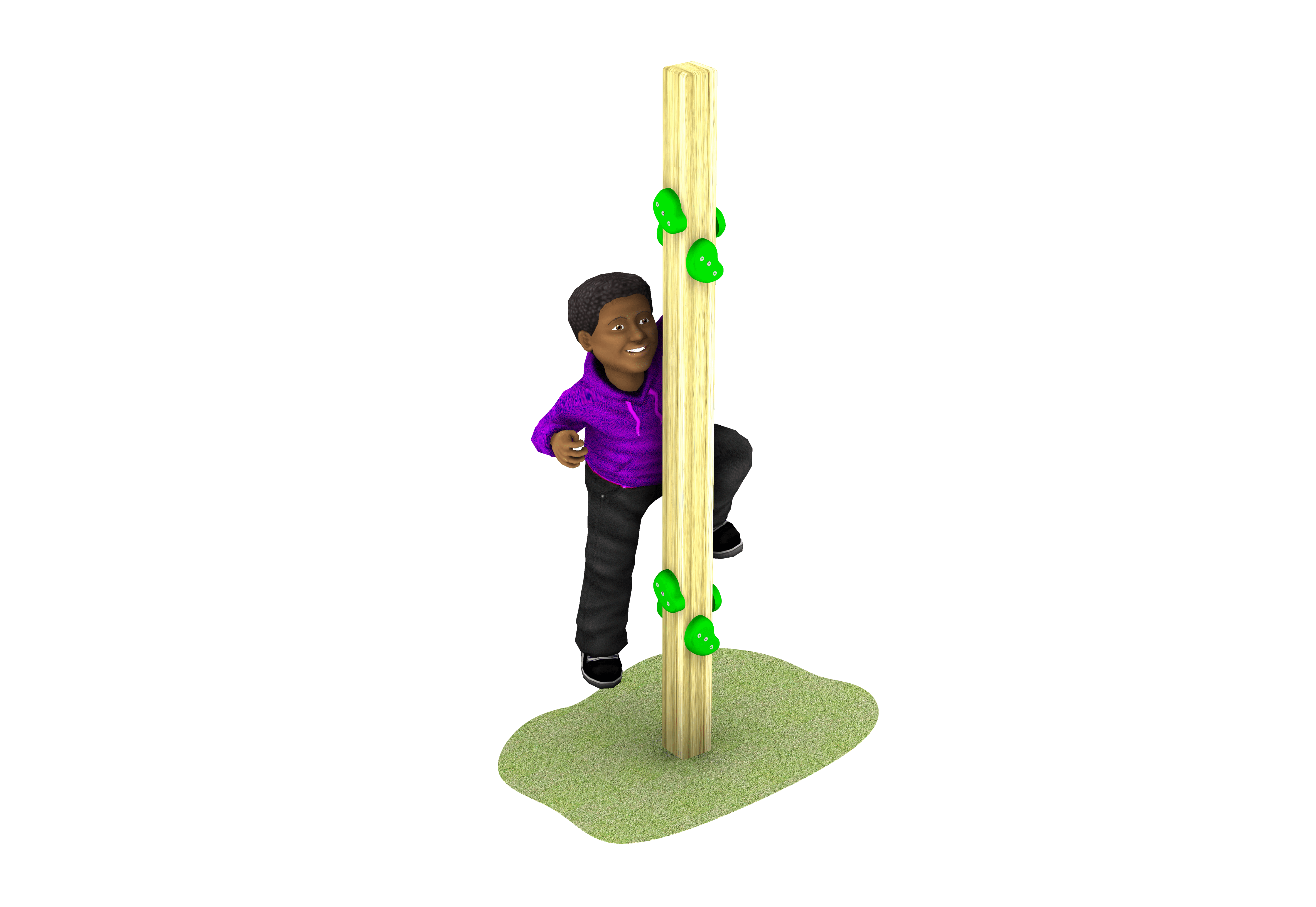 A child wearing a purple shirt climbs a Traversing Post—a vertical wooden pole with green handholds—standing on a patch of green ground.