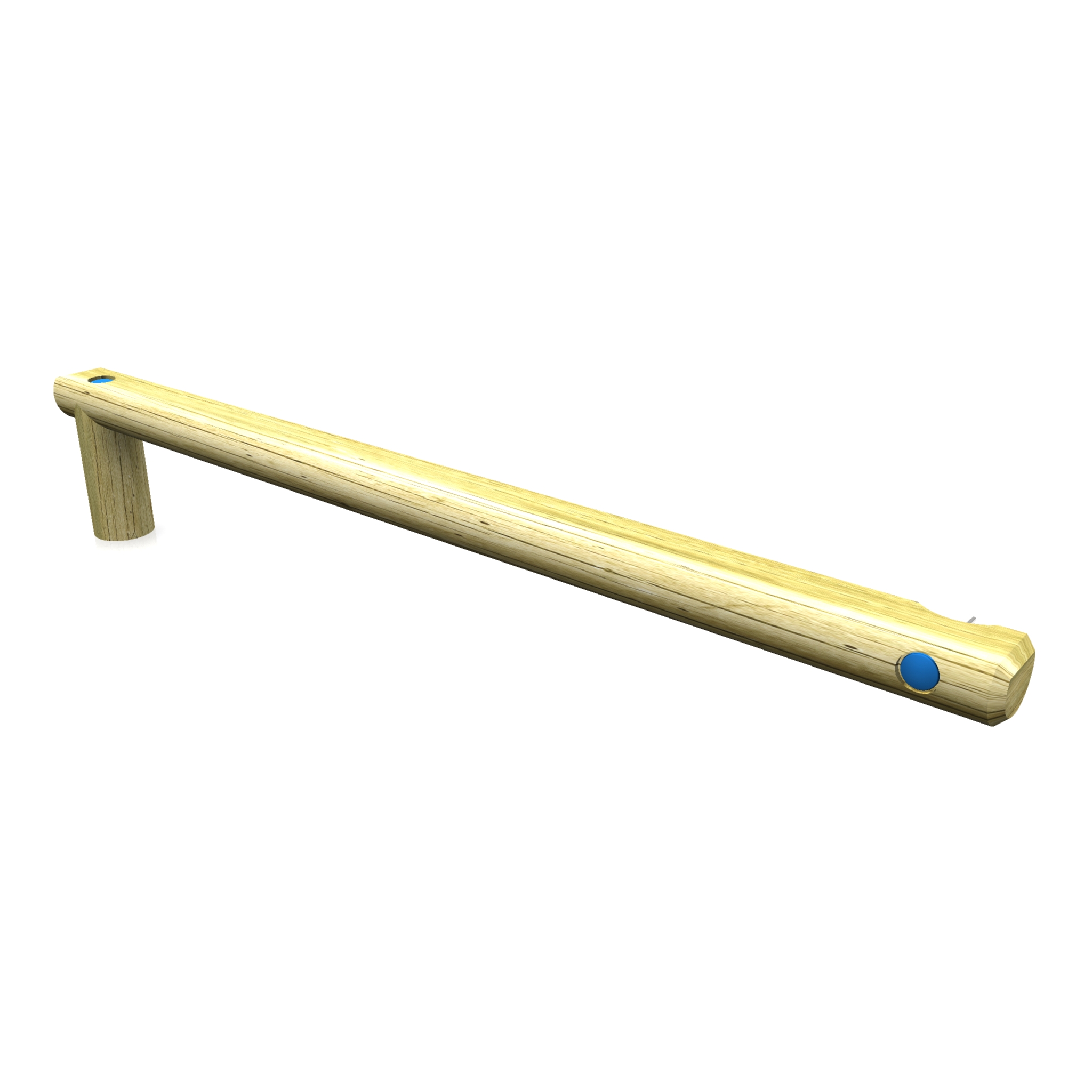 A long, light wood Adjoining Balance Beam grab rail with two blue circular markers at each end, one short vertical support leg, and a smooth finish, shown on a white background.